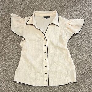 Worthington Cream Button-Front Blouse with Black Piping